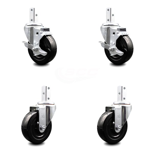 4 Inch Hard Rubber Wheel Swivel 7/8 Inch Square Stem Caster Brakes SCC, 2PK